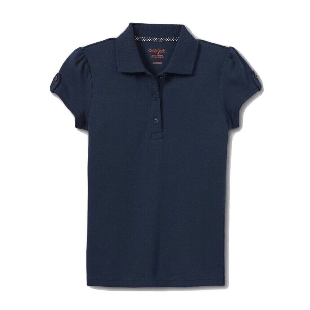 Cat & Jack Girls Uniform M 8 Interlock Short Sleeve Polo Shirt Navy Blue